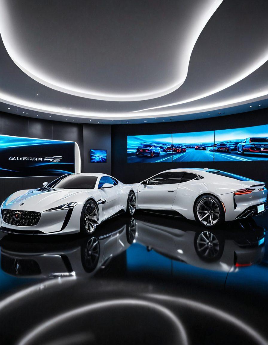 A luxurious automotive showroom featuring sleek, futuristic cars with elegant curves, glowing under soft spotlights. The background is adorned with high-tech screens displaying innovation statistics. Reflective surfaces enhance the ambiance, evoking a sense of inspiration and sophistication. The image captures the essence of elegance in automotive design. super-realistic. vibrant colors. dynamic lighting.