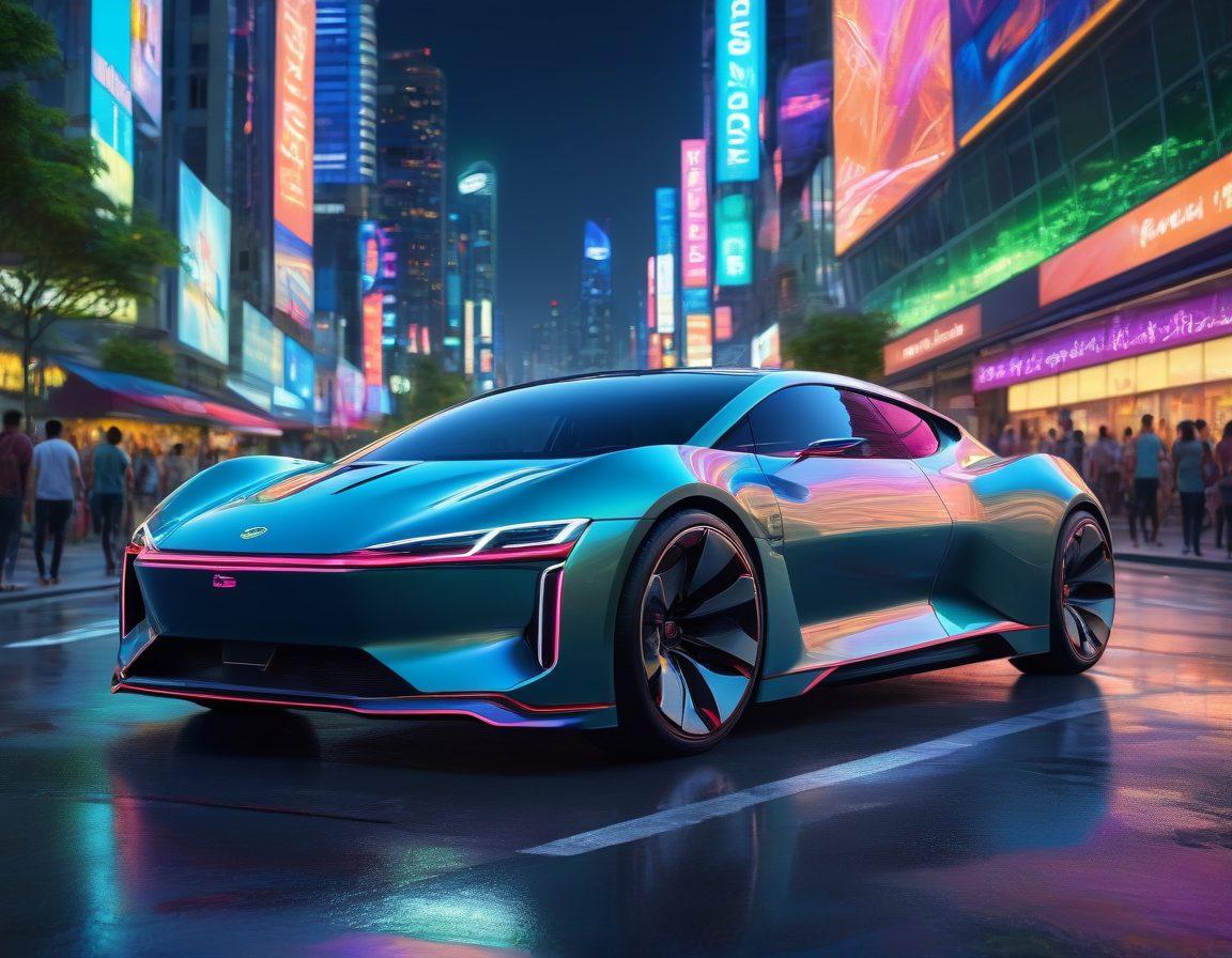 A sleek, futuristic car gliding through a vibrant urban landscape at dusk, illuminated by neon lights. The vehicle showcases advanced aerodynamics with glowing accents and a high-tech dashboard visible through transparent panels. In the foreground, a diverse group of people admire the car, reflecting excitement and innovation. The city skyline features modern architecture with green spaces, highlighting the blend of technology and nature. cyberpunk. vibrant colors. super-realistic.