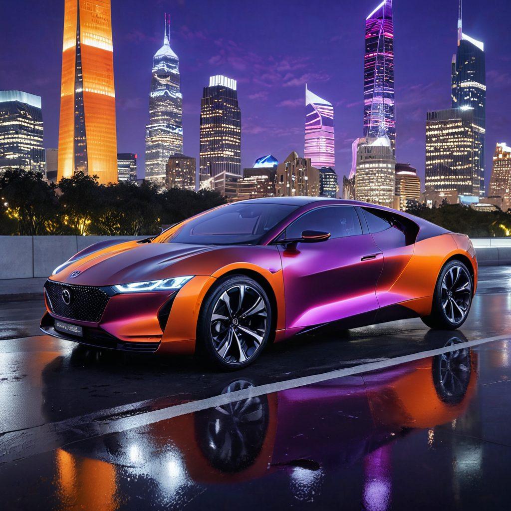 A sleek, futuristic vehicle design showcasing a stunning blend of elegance and advanced technology, set against a dramatic cityscape at dusk. The car features flowing lines and a shimmering paint finish, emphasizing both beauty and performance. Surrounding the vehicle, dynamic elements like digital screens displaying performance stats and eco-friendly symbols highlight innovation. Soft, ambient lighting adds depth and sophistication to the scene. ultra-modern, vibrant colors, 3D.